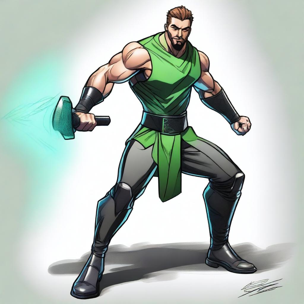 A realistic drawing of a 22-year-old man with an athletic and robust physique, striking green eyes, and a distinct goatee