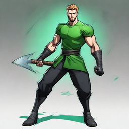 A realistic drawing of a 22-year-old man with an athletic and robust physique, striking green eyes, and a distinct goatee