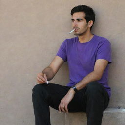 A 25-year-old Iranian man in a purple t-shirt and black pants, sitting secluded behind a wall, smoking a cigarette.