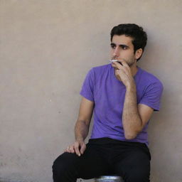 A 25-year-old Iranian man in a purple t-shirt and black pants, sitting secluded behind a wall, smoking a cigarette.