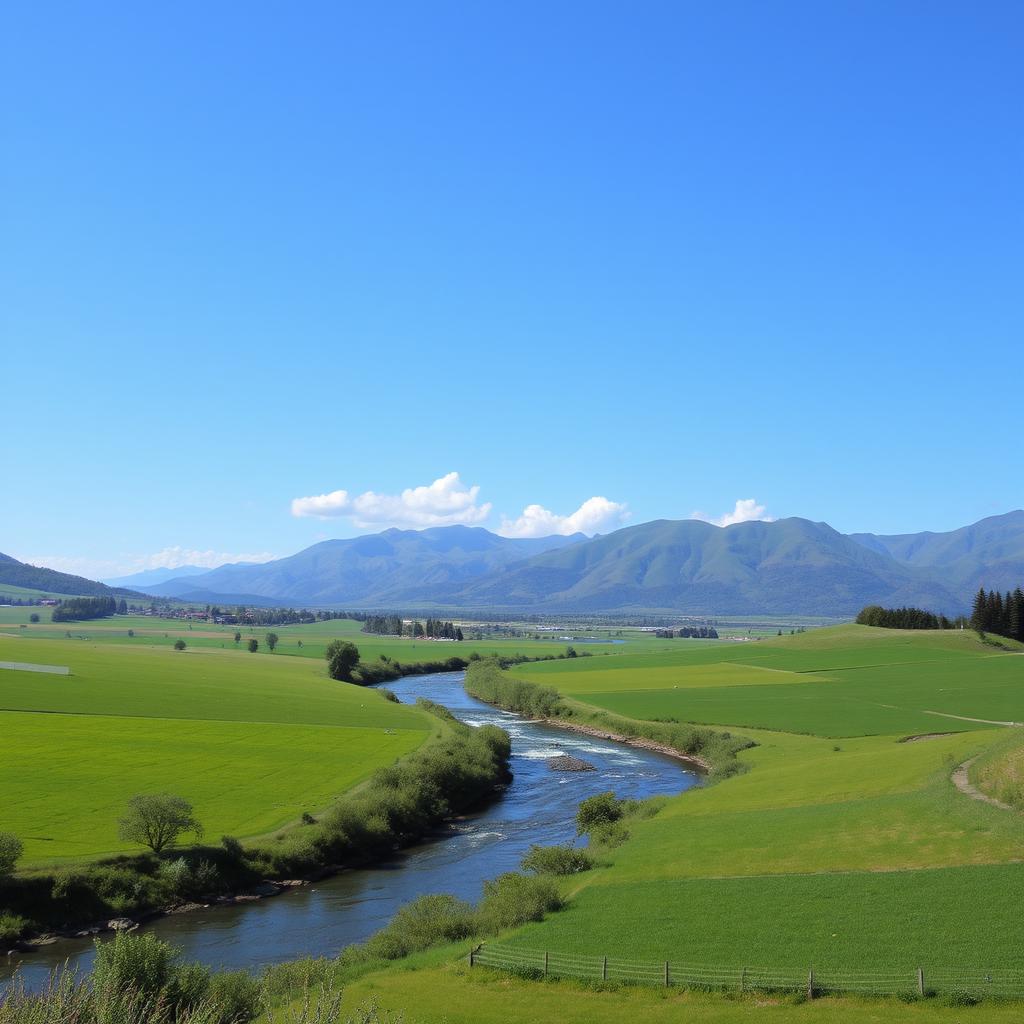 A beautiful, serene landscape featuring a clear blue sky, lush green fields, and a gentle river flowing through the middle, with mountains in the background and a few fluffy clouds