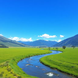 A beautiful, serene landscape featuring a clear blue sky, lush green fields, and a gentle river flowing through the middle, with mountains in the background and a few fluffy clouds