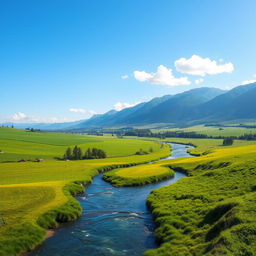 A beautiful, serene landscape featuring a clear blue sky, lush green fields, and a gentle river flowing through the middle, with mountains in the background and a few fluffy clouds