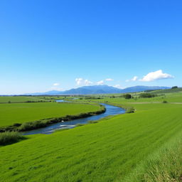 A beautiful, serene landscape featuring a clear blue sky, lush green fields, and a gentle river flowing through the middle, with mountains in the background and a few fluffy clouds