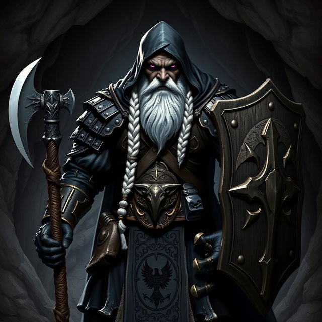 A full body image of a raven queen paladin duergar with black skin, a bald head, and a long braided white beard