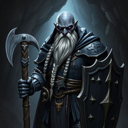 A full body image of a raven queen paladin duergar with black skin, a bald head, and a long braided white beard