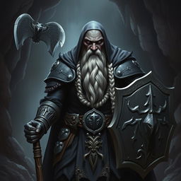 A full body image of a raven queen paladin duergar with black skin, a bald head, and a long braided white beard