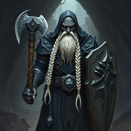 A full body image of a raven queen paladin duergar with black skin, a bald head, and a long braided white beard