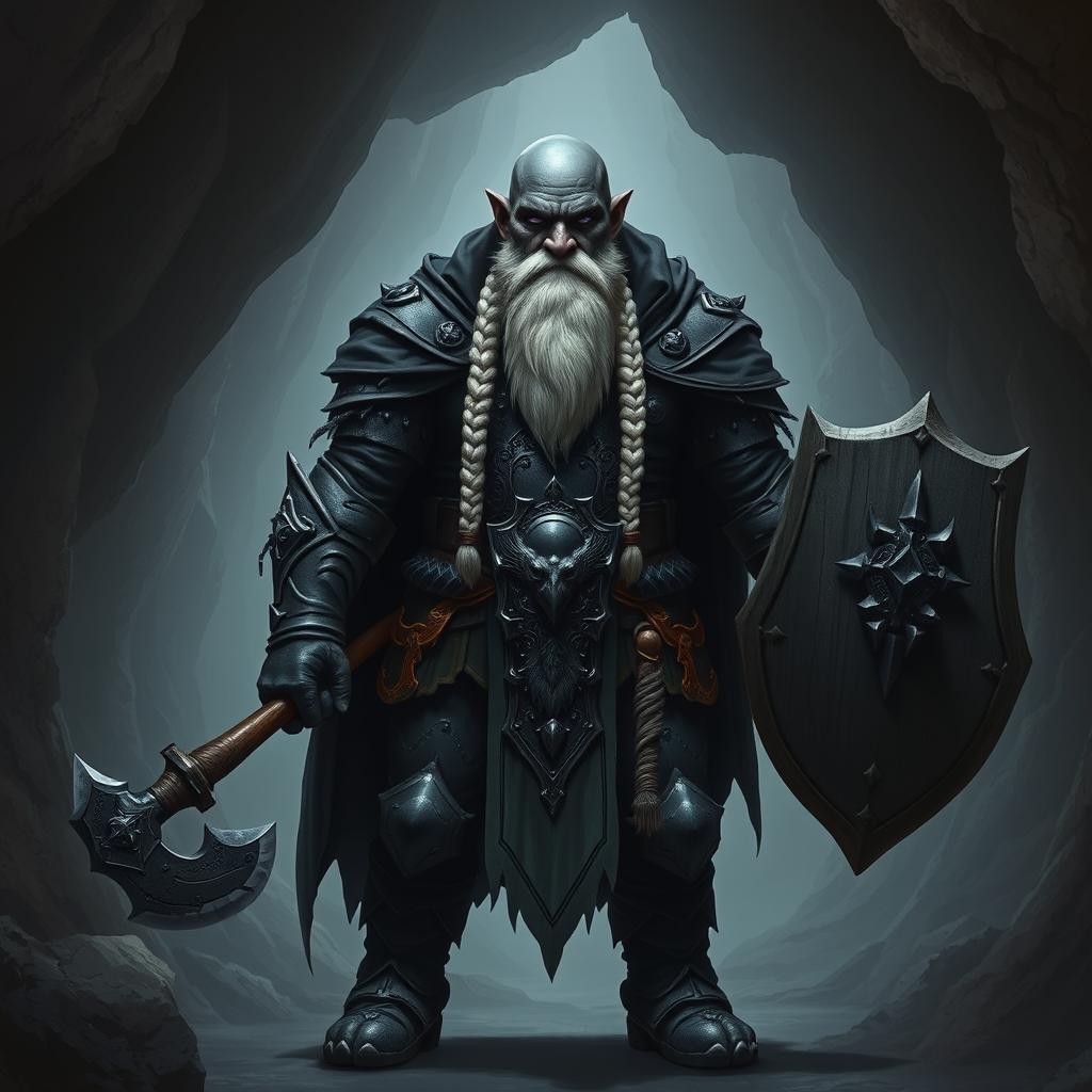 A full body image of a raven queen paladin duergar with black skin, a bald head, and a long braided white beard