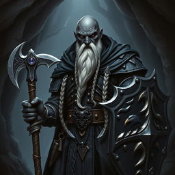 A full body image of a raven queen paladin duergar with black skin, a bald head, and a long braided white beard