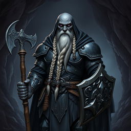 A full body image of a raven queen paladin duergar with black skin, a bald head, and a long braided white beard