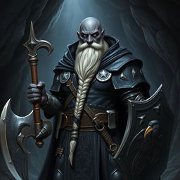 A full body image of a raven queen paladin duergar with black skin, a bald head, and a long braided white beard