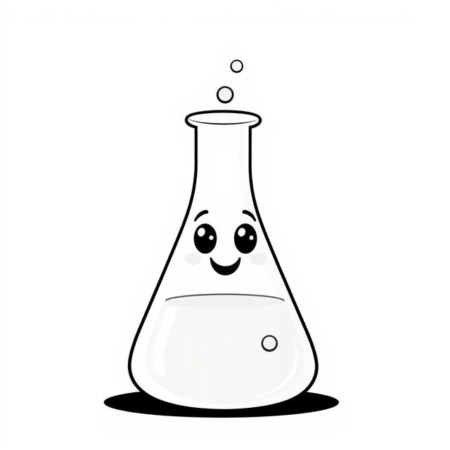 A whimsical and humorous black and white illustration of a smiling Erlenmeyer flask