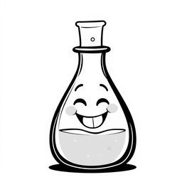 A whimsical and humorous black and white illustration of a smiling Erlenmeyer flask