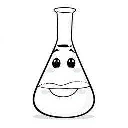 A whimsical and humorous black and white illustration of a smiling Erlenmeyer flask