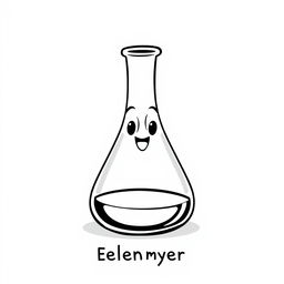 A whimsical and humorous black and white illustration of a smiling Erlenmeyer flask