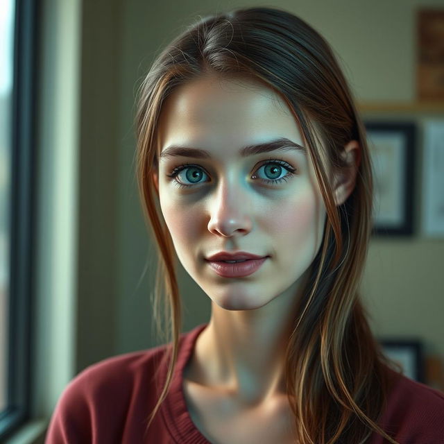 Create a realistic image of an 18-year-old woman with a slim body, brunette hair, and green eyes