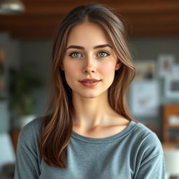 Create a realistic image of an 18-year-old woman with a slim body, brunette hair, and green eyes