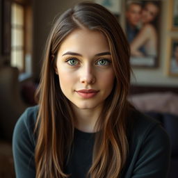 Create a realistic image of an 18-year-old woman with a slim body, brunette hair, and green eyes