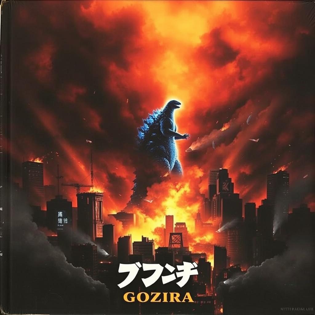 A dark, depressing cover of Tokyo engulfed in flames with Godzilla glowing blue in the middle