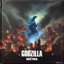 A dark, depressing cover of Tokyo engulfed in flames with Godzilla glowing blue in the middle