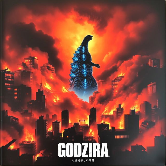 A dark, depressing cover of Tokyo engulfed in flames with Godzilla glowing blue in the middle