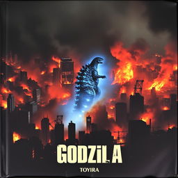 A dark, depressing cover of Tokyo engulfed in flames with Godzilla glowing blue in the middle