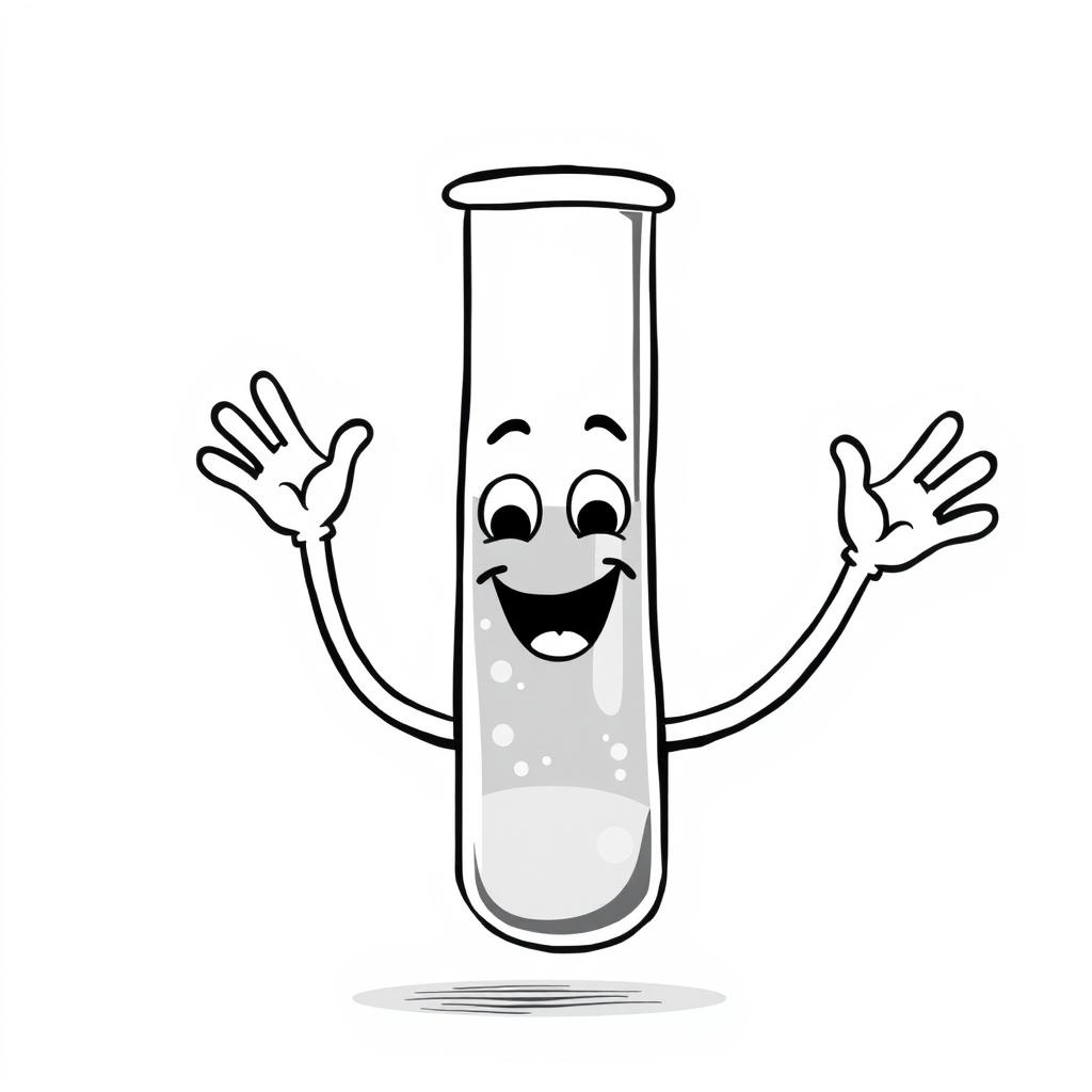 A whimsical and humorous black and white illustration of a smiling test tube with arms