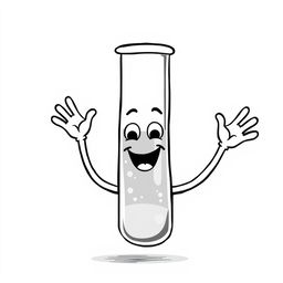 A whimsical and humorous black and white illustration of a smiling test tube with arms