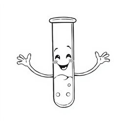 A whimsical and humorous black and white illustration of a smiling test tube with arms