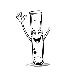 A whimsical and humorous black and white illustration of a smiling test tube with arms