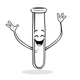 A whimsical and humorous black and white illustration of a smiling test tube with arms