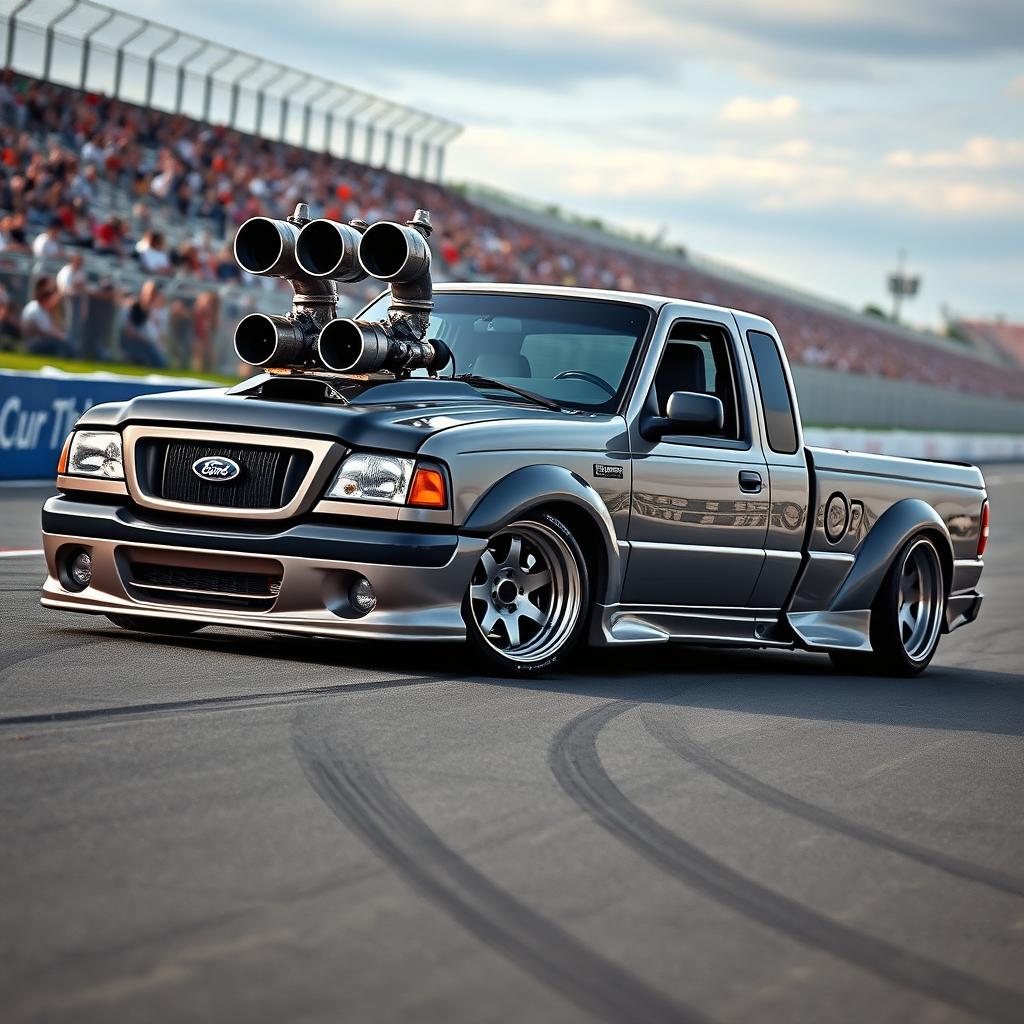 A lowered, drift-built widebody 2003 Ford Ranger extended cab with twin turbos protruding from the hood and hood exit exhaust