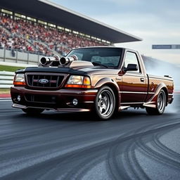 A lowered, drift-built widebody 2003 Ford Ranger extended cab with twin turbos protruding from the hood and hood exit exhaust