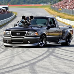 A lowered, drift-built widebody 2003 Ford Ranger extended cab with twin turbos protruding from the hood and hood exit exhaust