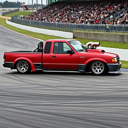 A lowered, drift-built widebody 2003 Ford Ranger extended cab with twin turbos protruding from the hood and hood exit exhaust