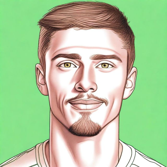 A realistic drawing focused on the face of a 22-year-old man with an athletic build