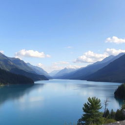 A beautiful landscape featuring a serene lake surrounded by mountains, with a clear blue sky and a few fluffy clouds