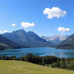 A beautiful landscape featuring a serene lake surrounded by mountains, with a clear blue sky and a few fluffy clouds