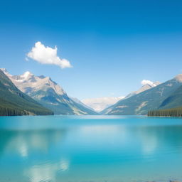 A beautiful landscape featuring a serene lake surrounded by mountains, with a clear blue sky and a few fluffy clouds