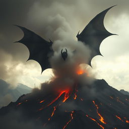 A dramatic scene of a volcano erupting with Rodan barely visible through the thick smoke