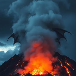 A dramatic scene of a volcano erupting with Rodan barely visible through the thick smoke