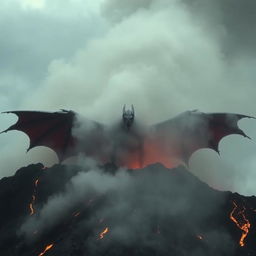 A dramatic scene of a volcano erupting with Rodan barely visible through the thick smoke