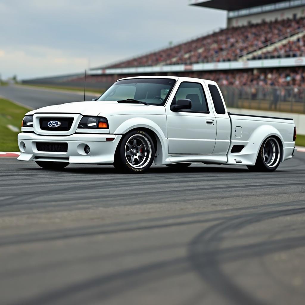 A lowered, drift-built widebody white 2003 Ford Ranger extended cab with twin turbos