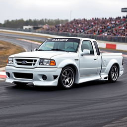 A lowered, drift-built widebody white 2003 Ford Ranger extended cab with twin turbos