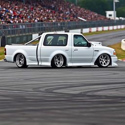 A lowered, drift-built widebody white 2003 Ford Ranger extended cab with twin turbos