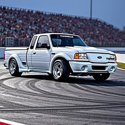 A lowered, drift-built widebody white 2003 Ford Ranger extended cab with twin turbos