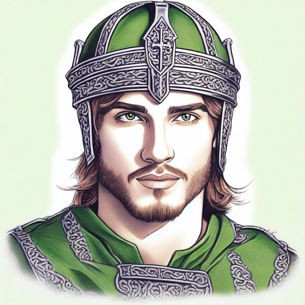 A realistic drawing focused on the face of a 22-year-old man with an athletic build, set in a medieval theme