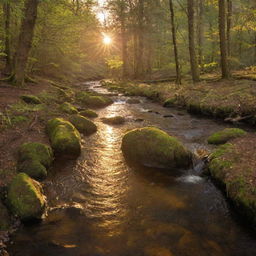 A serene forest stream flowing under the golden light of a setting sun