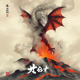 A Japanese painting style depiction of a volcano erupting with Rodan barely visible through the thick smoke